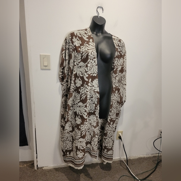 Lane Bryant Other - Lane Bryant One Size Maxi Brown/white Boho Print Chiffon Kimono/outfit Topper